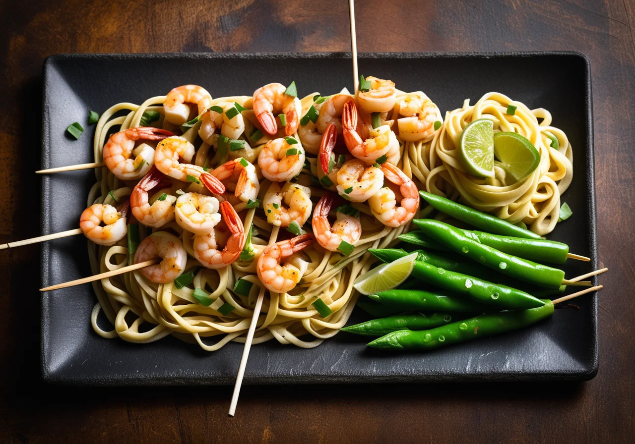 Shrimps-Spieße mit Nudeln und scharfer Soße