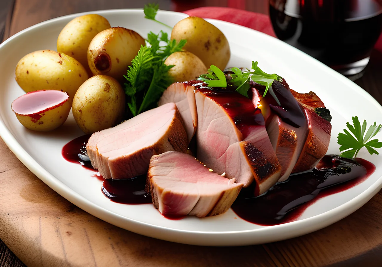 Pork Tenderloin with Red Wine Sauce and Potatoes