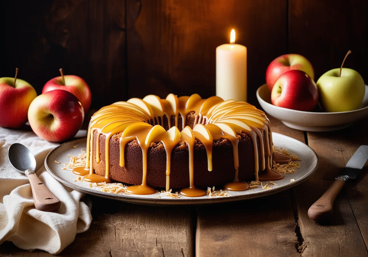 Apple Cake with Marzipan and Caramel Sauce