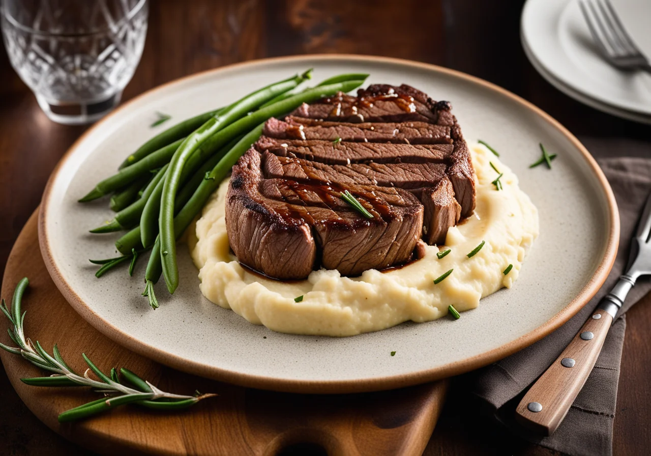 Ribeye steak with green beans and mash