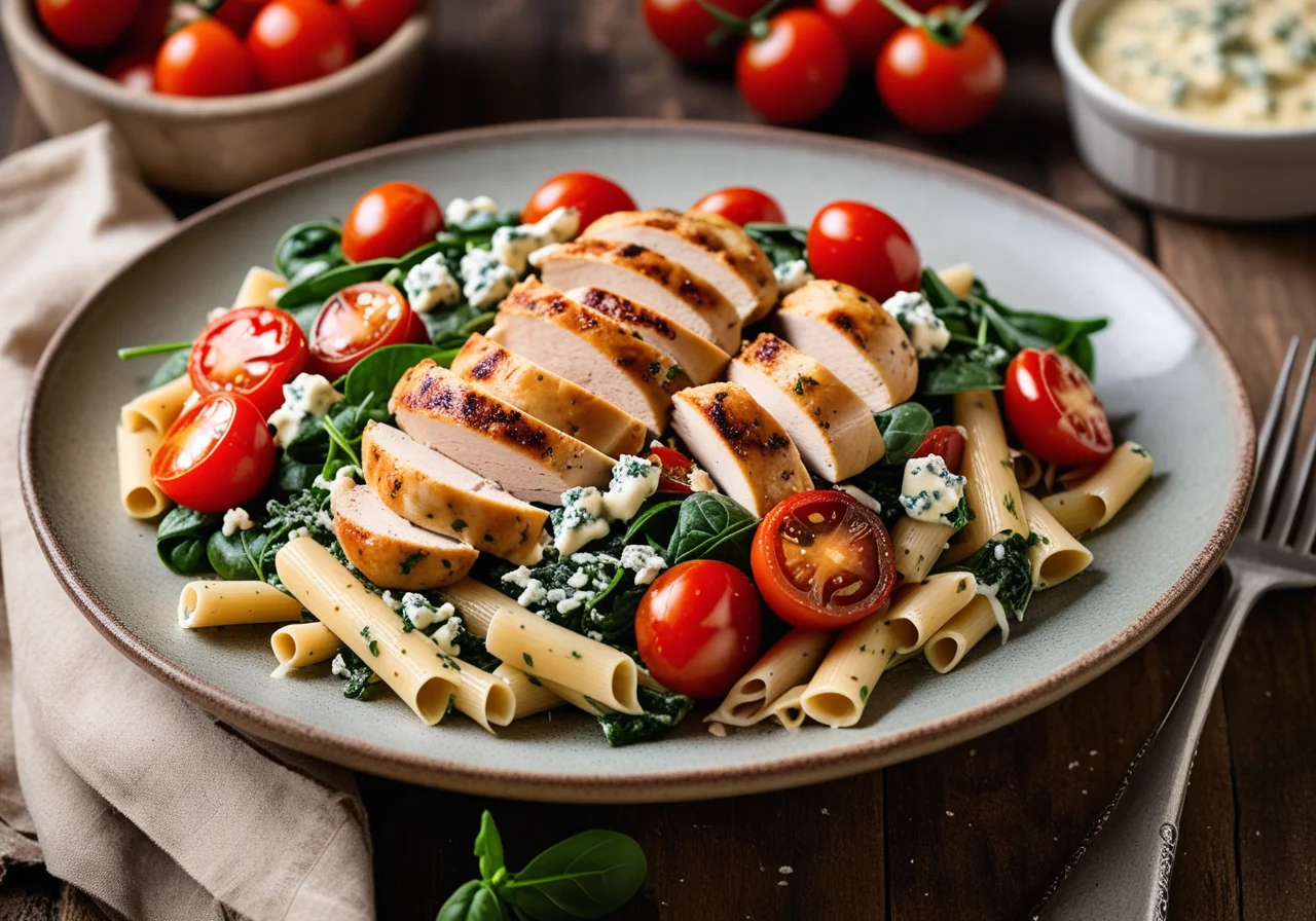 Spinach Pasta with Thyme Chicken and Tomatoes