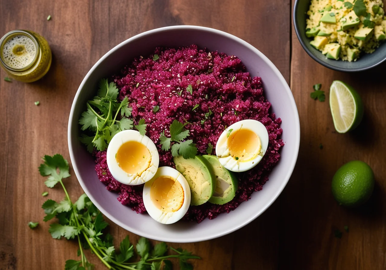 Red Beet Quinoa Salad with Avocado and Eggs