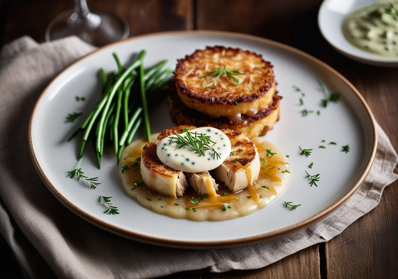 Chicken aspic with potato rösti and cream