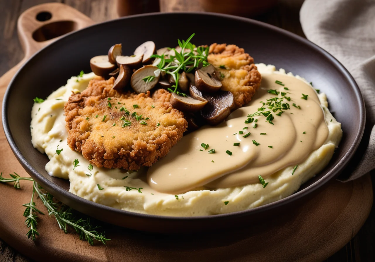Veal Schnitzel with Mashed Potatoes and Porcini Mushrooms