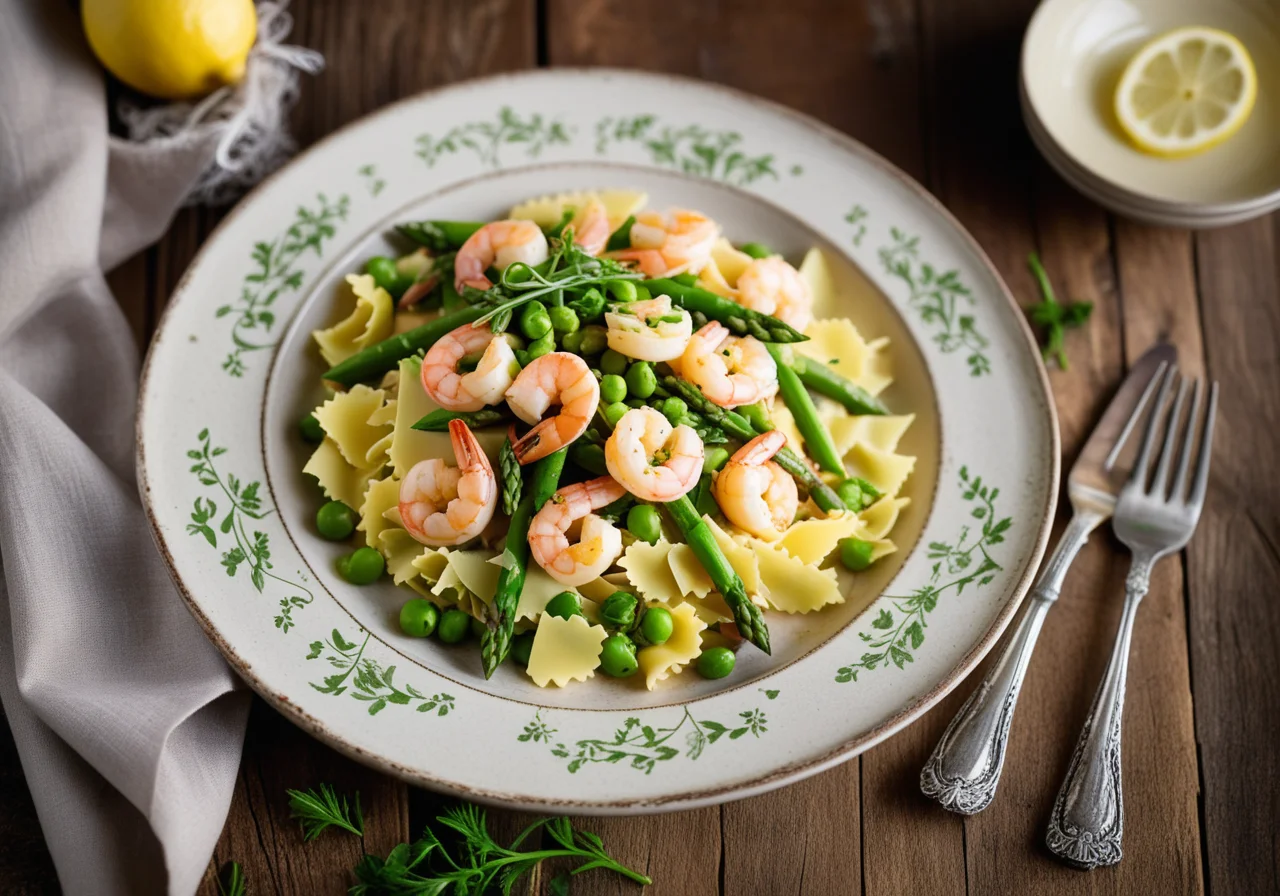 Pasta with Green Asparagus, Peas and Shrimp
