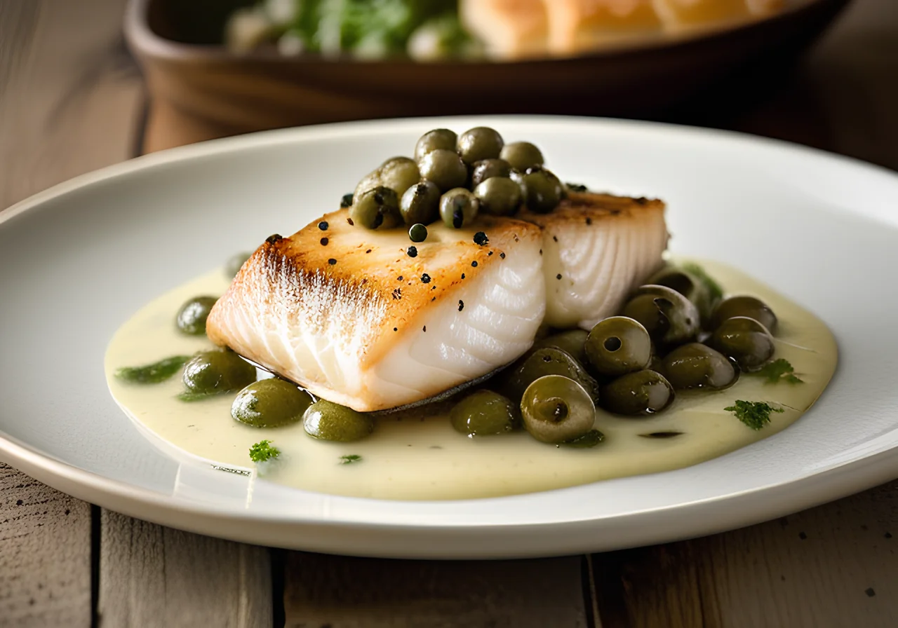 Pan-Seared Skrei with Shrimp Capers Topping and Egg Puff