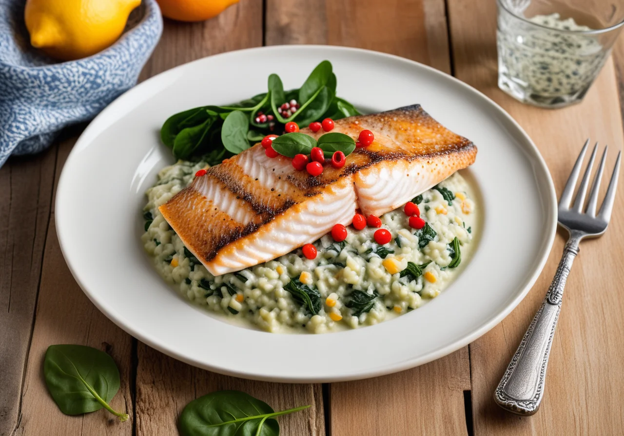 Pan‑fried Redfish Fillet on Spinach Risotto with Sea Crabs