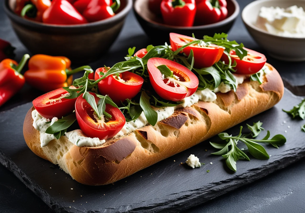 Italian White Bread (Ciabatta) with Goat Cheese, Arugula and Grilled Bell Peppers