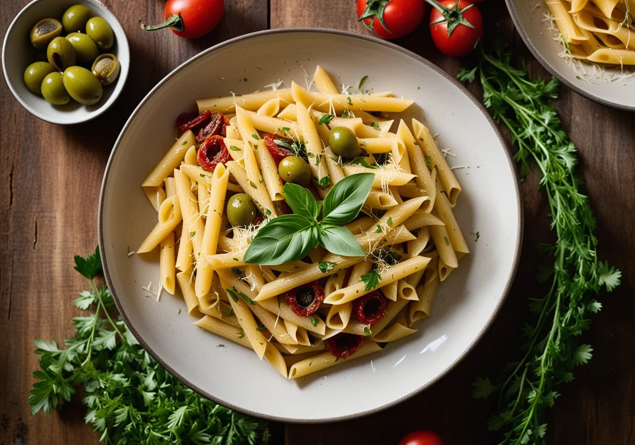 Pasta with Dried Tomatoes, Olives, Artichokes and Capers