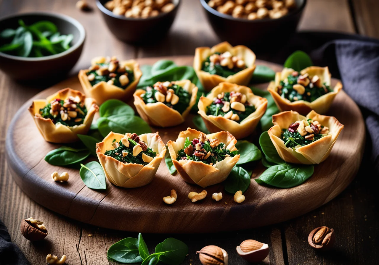 Spinach-Hazelnut Salad with Croutons in Filo Cups