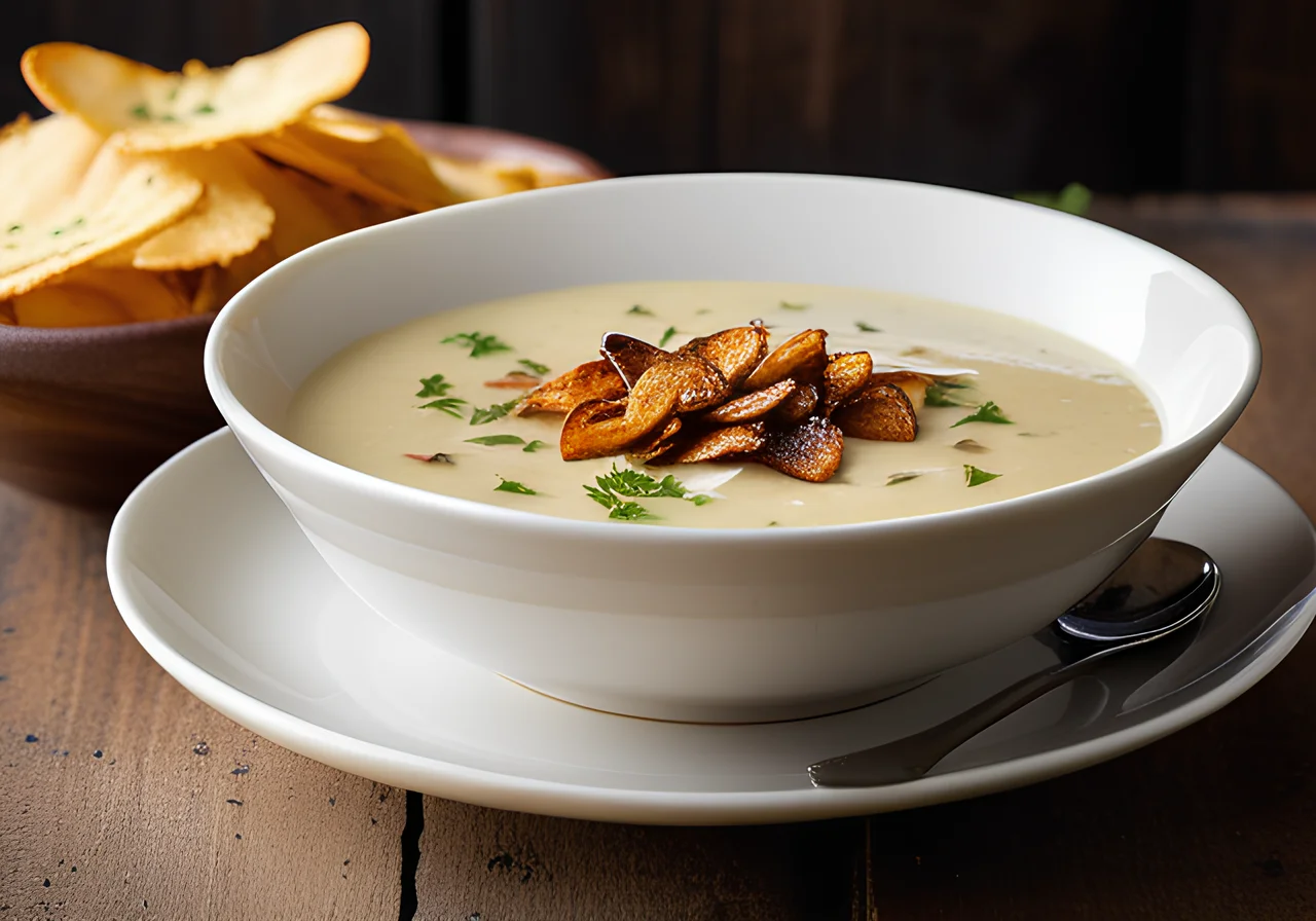 Creamy Jerusalem Artichoke Soup with Sesame and Fried Vegetable Chips