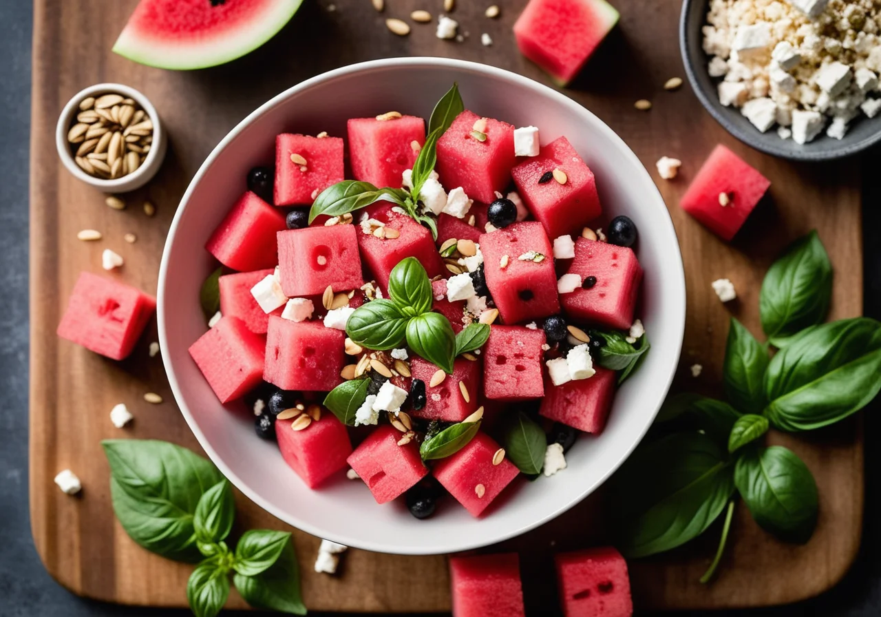 Watermelon, Olive, Feta and Sunflower Seed Salad