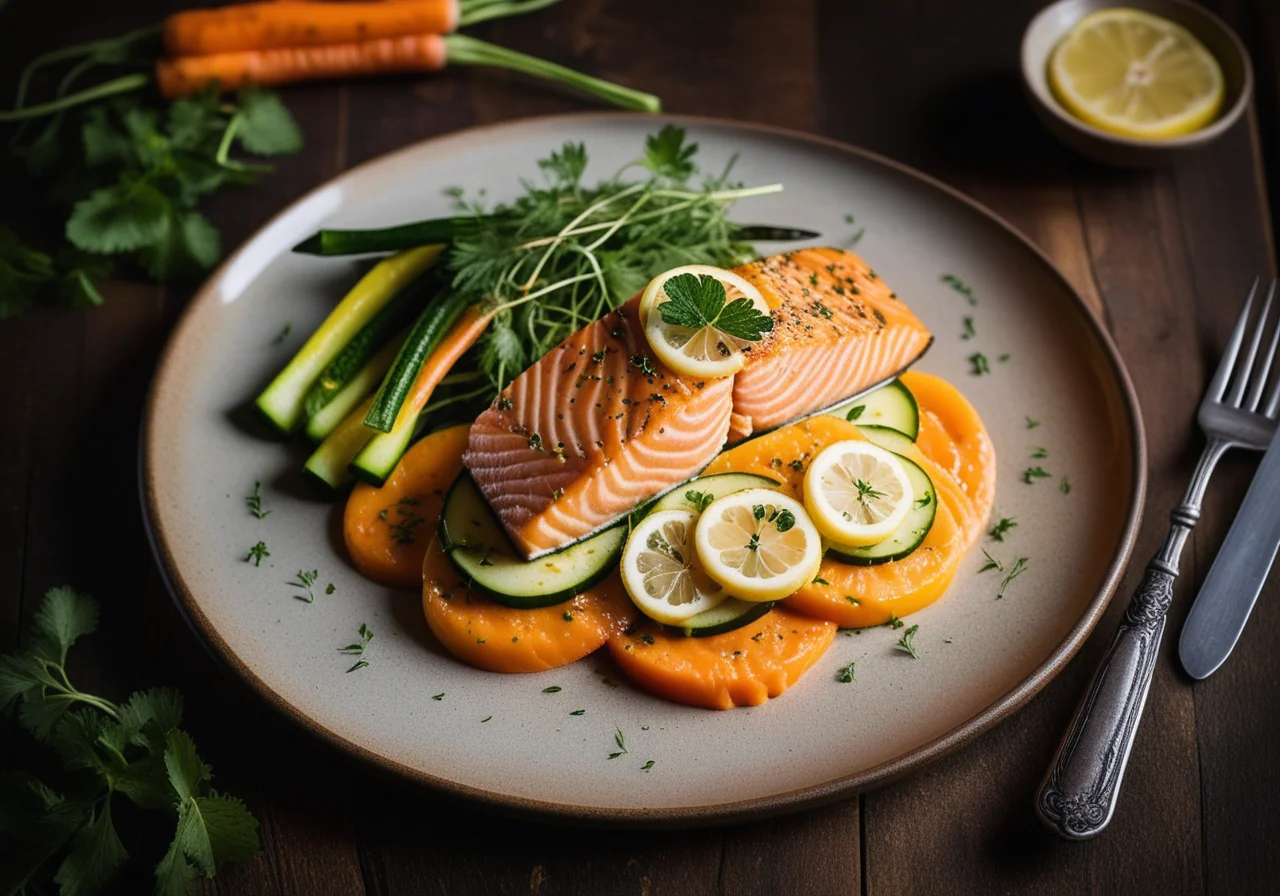 Salmon Trout with Saffron Sauce over Vegetables