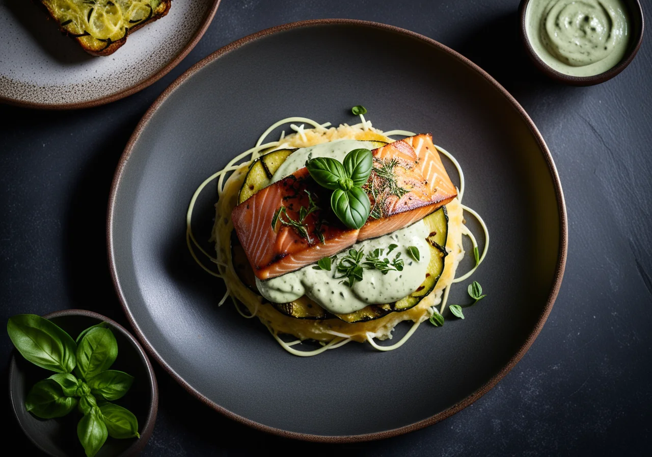 Salmon Fillet with Basil Cream and Zucchini Rösti