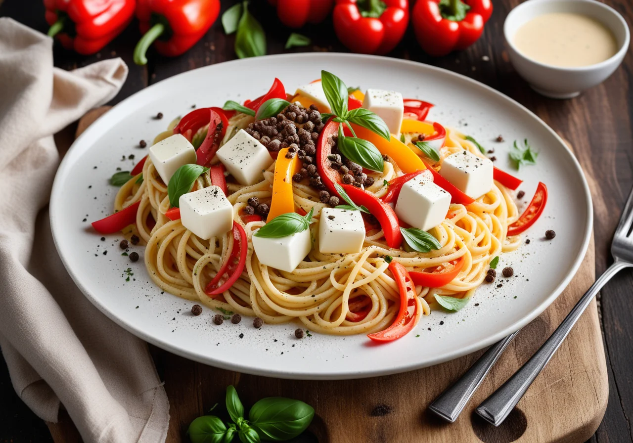 Pasta with mozzarella and assorted vegetables
