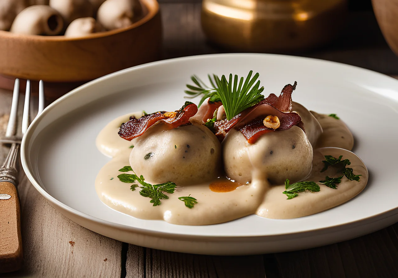 Bread Dumplings with Truffle Mushroom and Bacon Sauce