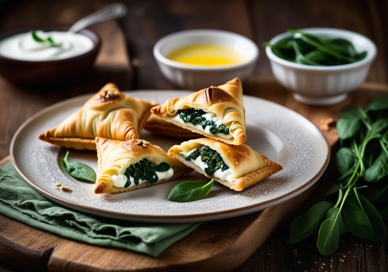 Filo pastries with two fillings (Spinach-Feta or Fig-Walnut)