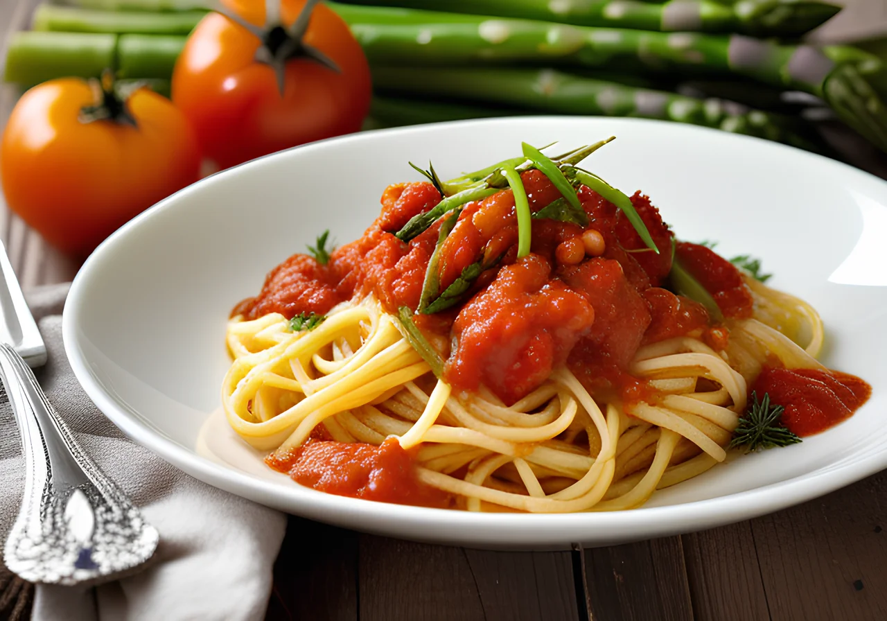 Spaghetti with Tomato Asparagus Sauce