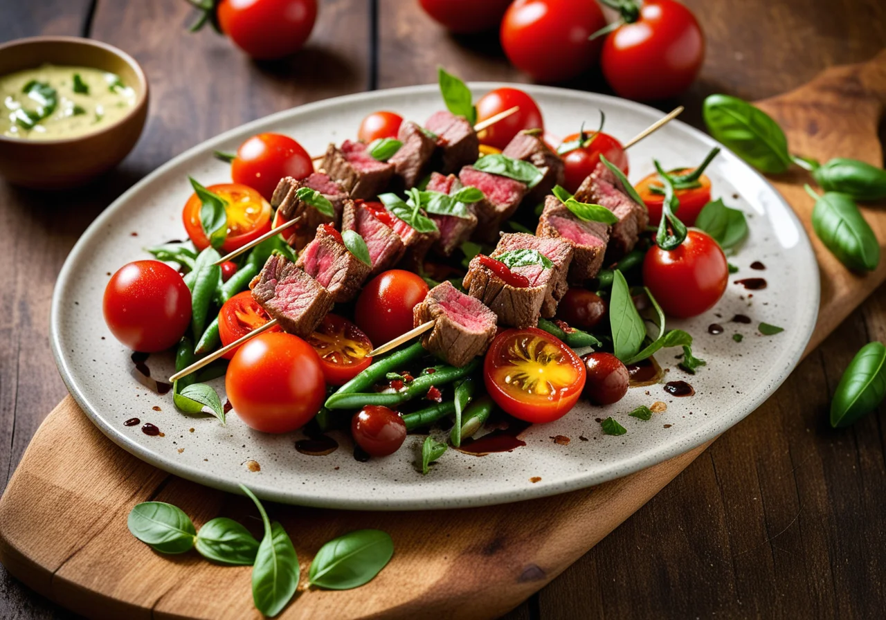 Lamb Fillet Skewers on Tomato and Bean Salad
