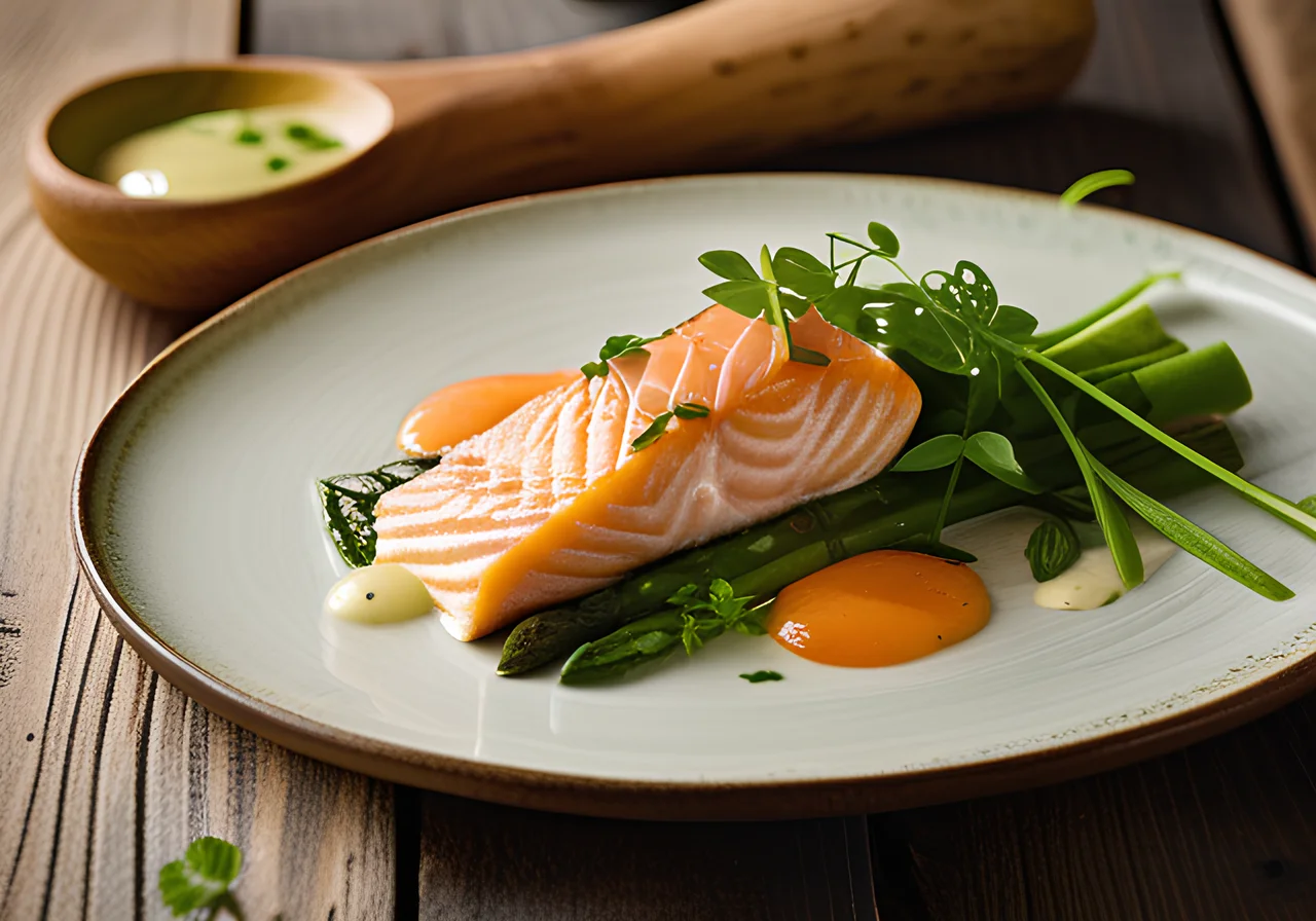 Asparagus with Salmon Fillet and Watercress Sauce
