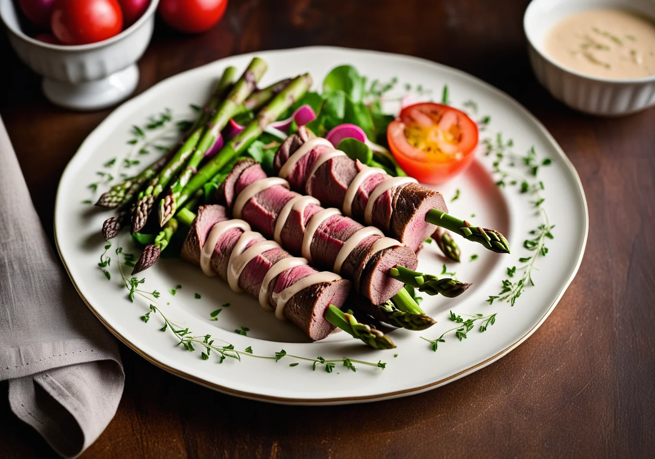 Asparagus Wrapped in Roast Beef with Salad