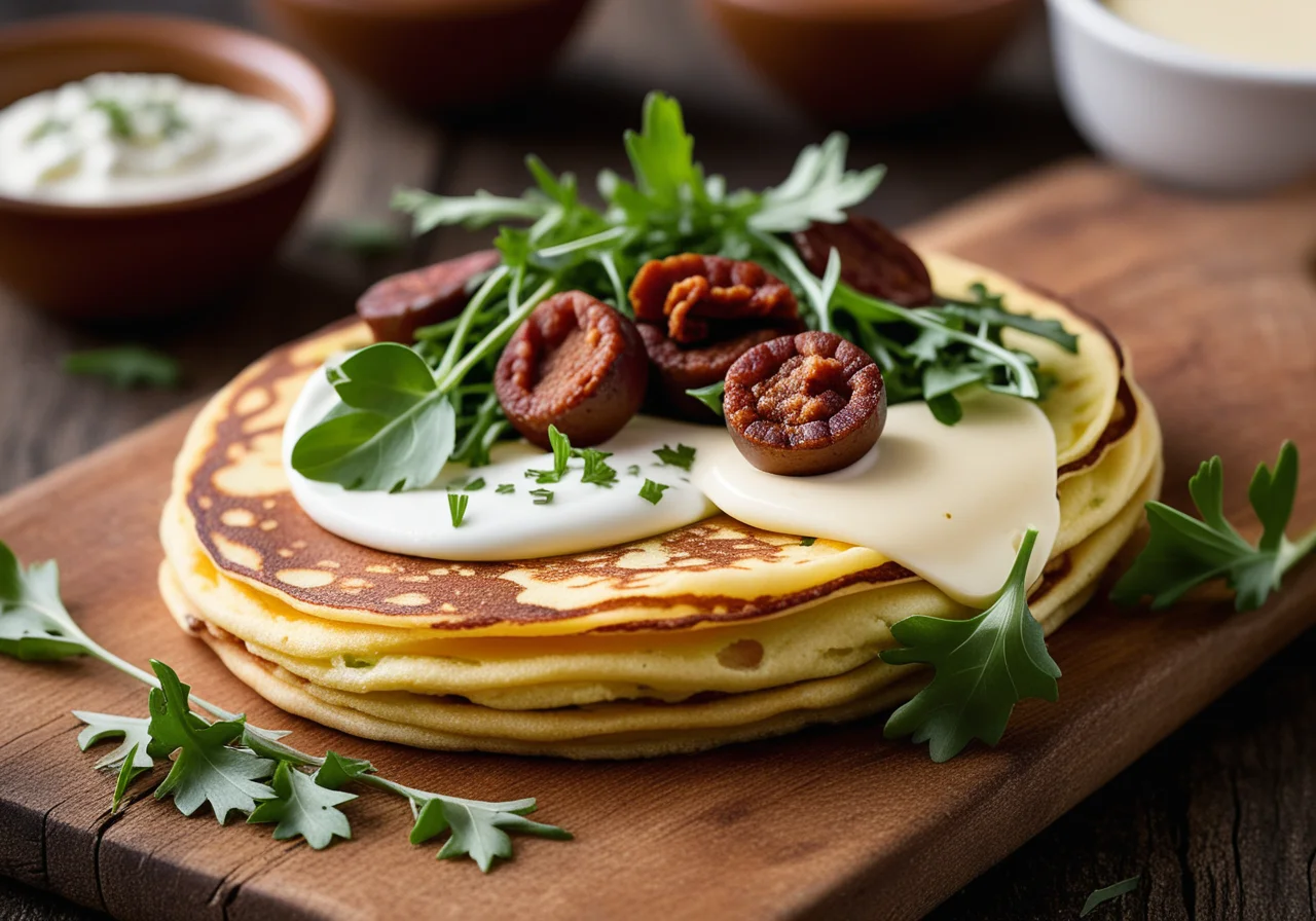 Egg Pancakes with Feta Cream, Chorizo and Arugula