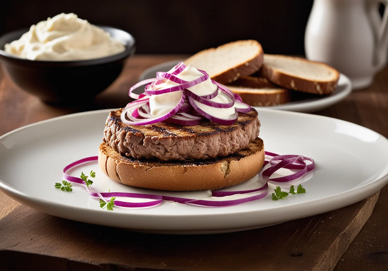 Toastis with Horseradish, Red Onions and Veal Patties