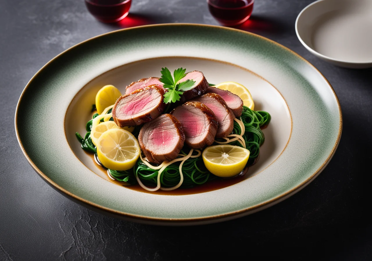 Pan‑fried Duck Breast over Noodles