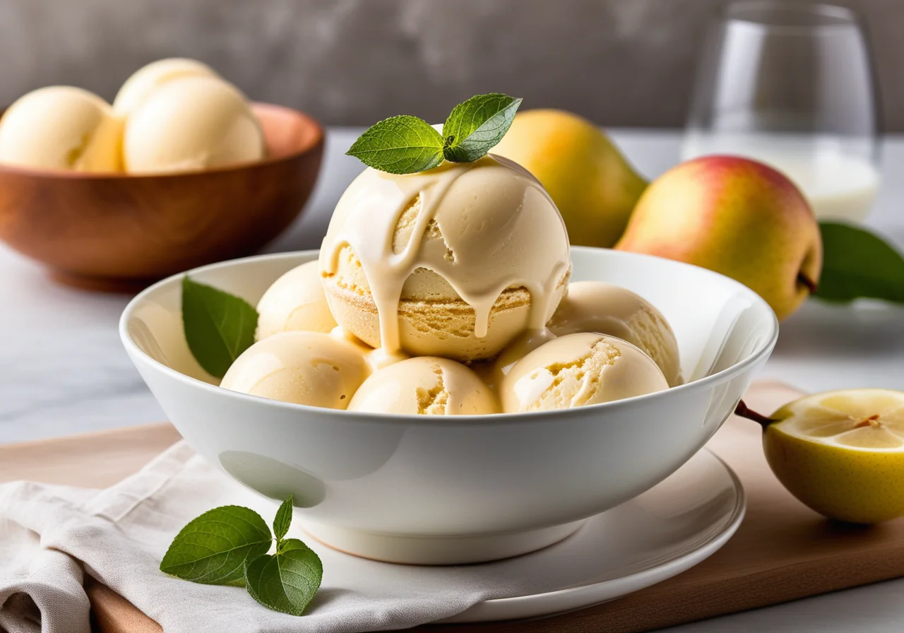 Creamy Mustard Ice Cream with Glazed Pear Slices