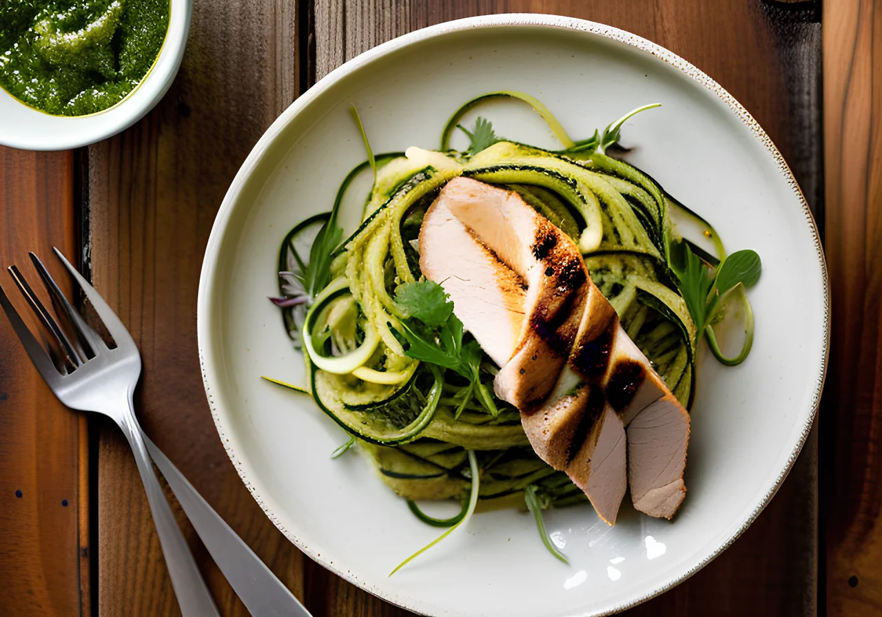 Zucchini Noodles with Arugula Pesto and Chicken Breast