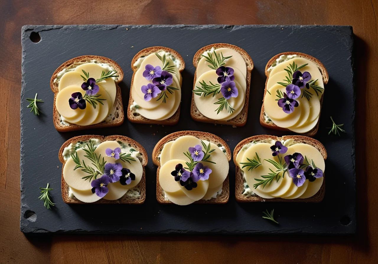 Open Sandwiches with Blue Cheese, Pears and Edible Flowers