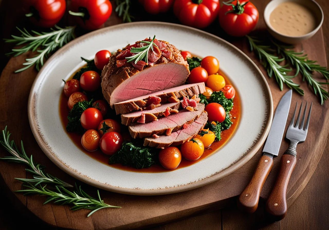 Veal Roast with Pancetta Crust on Vegetable Sauce