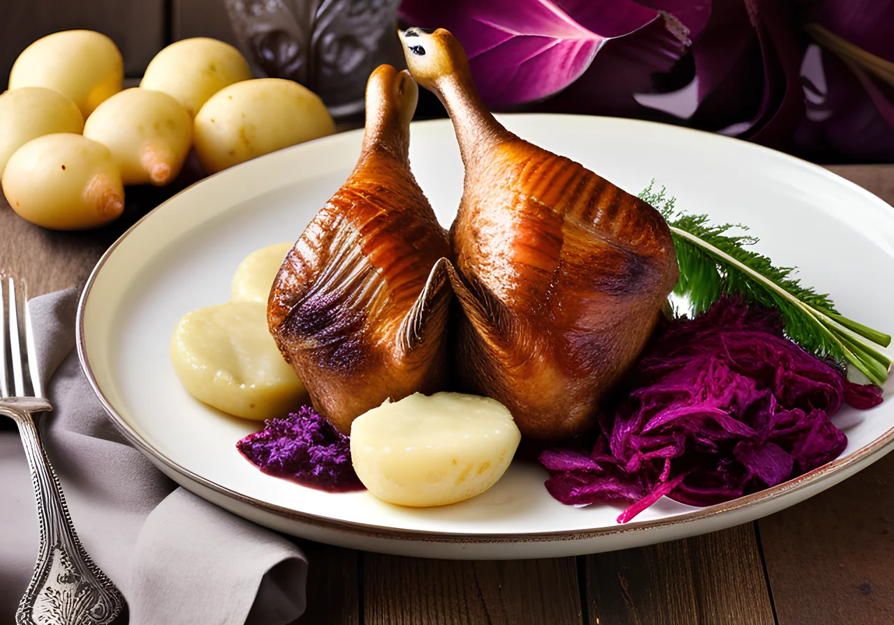 Roast Goose with Potato Dumplings, Red Cabbage and Sauerkraut
