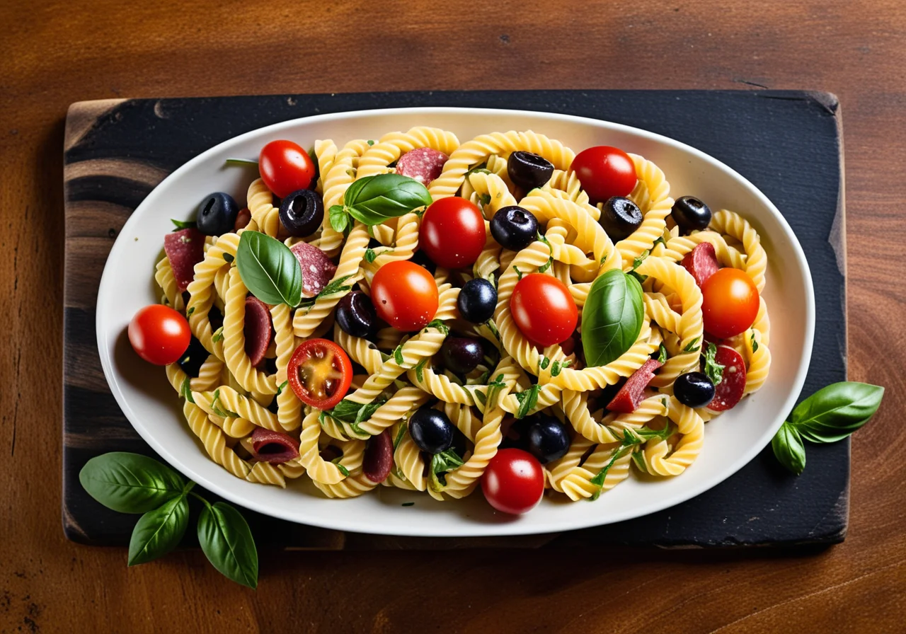 Pasta Salad with Sausage, Cherry Tomatoes and Olives
