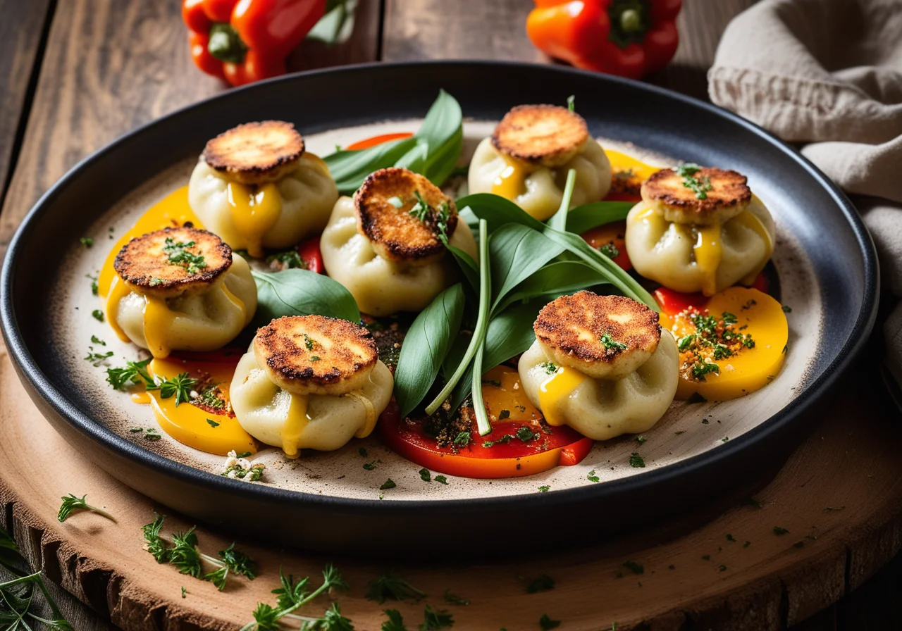 Fried Feta Wild Garlic Dumplings with Marinated Peppers