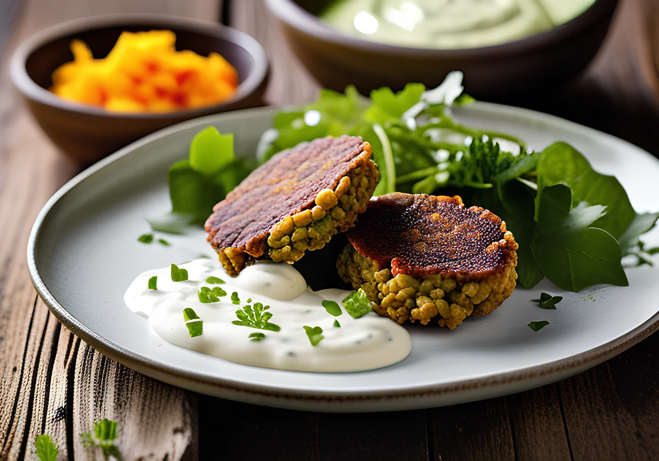 Lentil Patties with Yogurt Dip and Oakleaf Lettuce