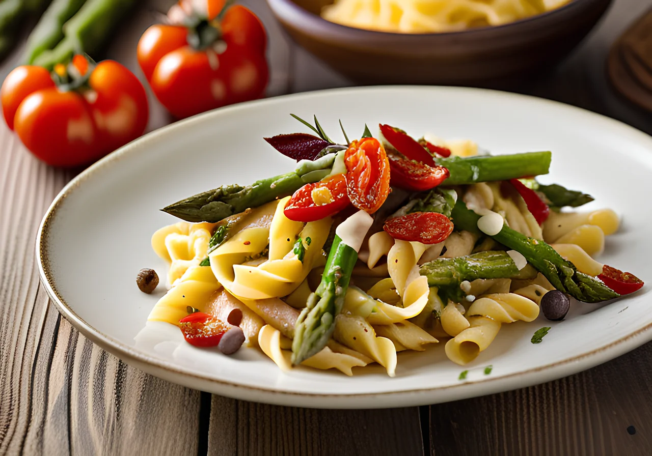 Pasta with Spicy Sun-Dried Tomatoes and Green Asparagus