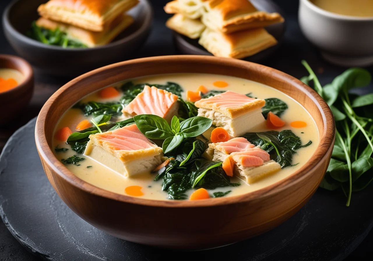 Hearty Soup with Chicken, Salmon, Spinach and Puff Pastry Topping