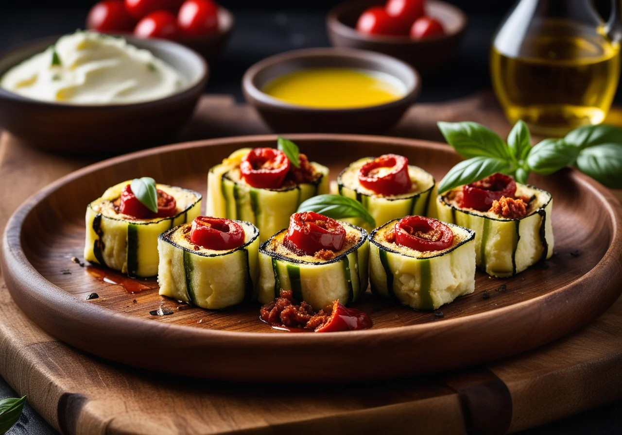 Grilled Zucchini Rolls with Sheep Cheese and Sun-Dried Tomatoes
