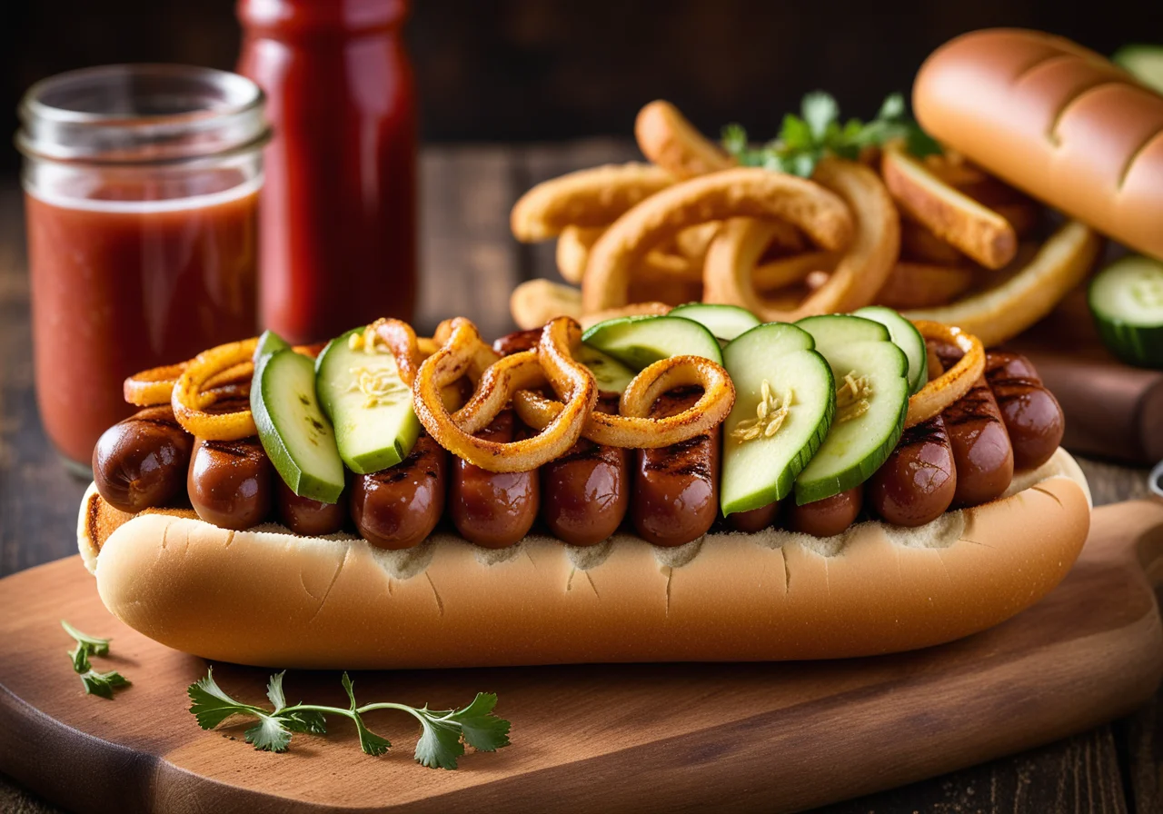Hot Dog with Grilled Sausage, Cucumbers and Crispy Onions
