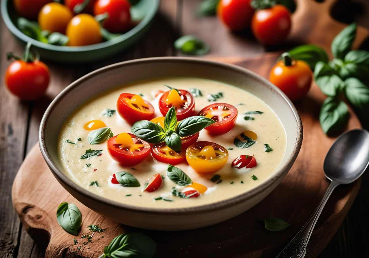 Potato Basil Soup with Mini Tomato-Mozzarella Skewers