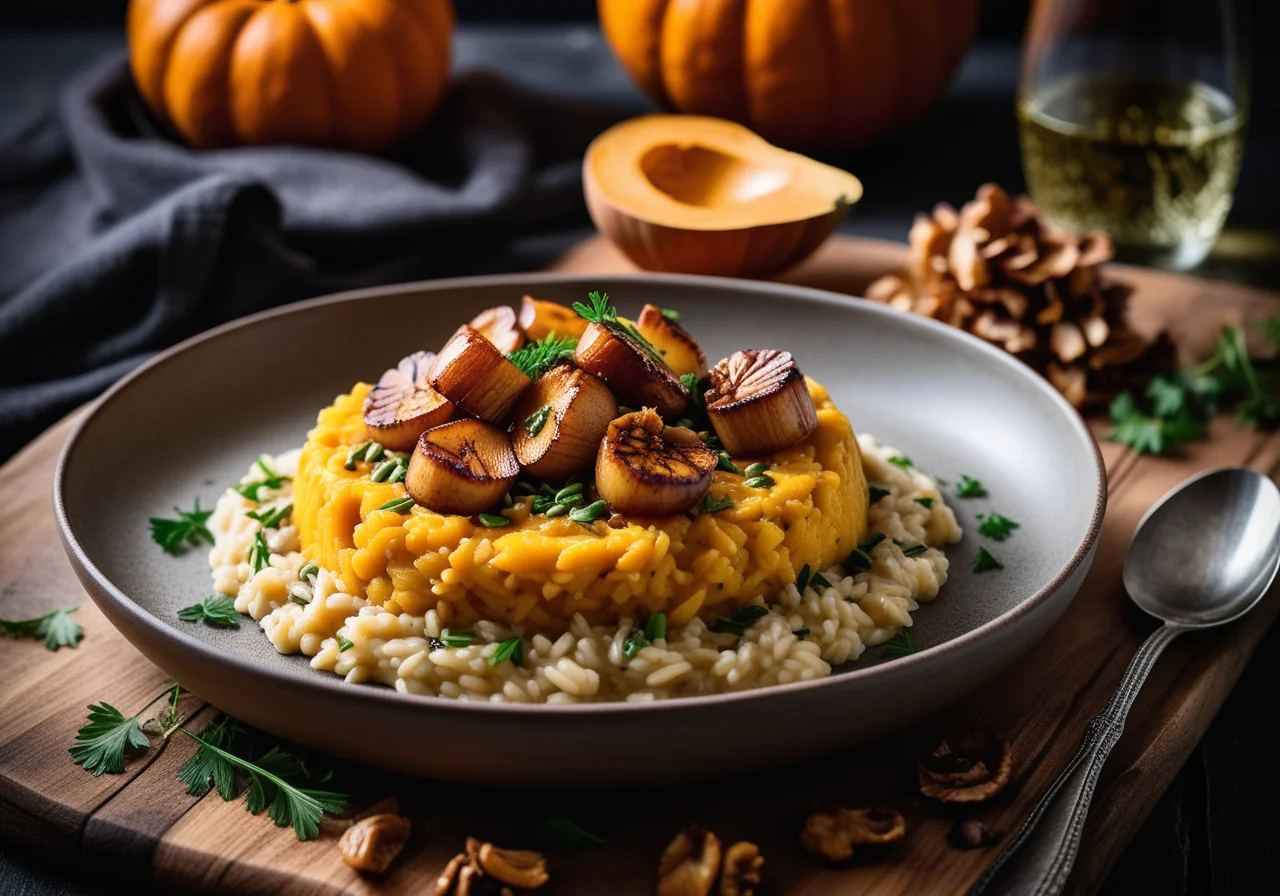Pumpkin Risotto with Mushrooms and Scallops
