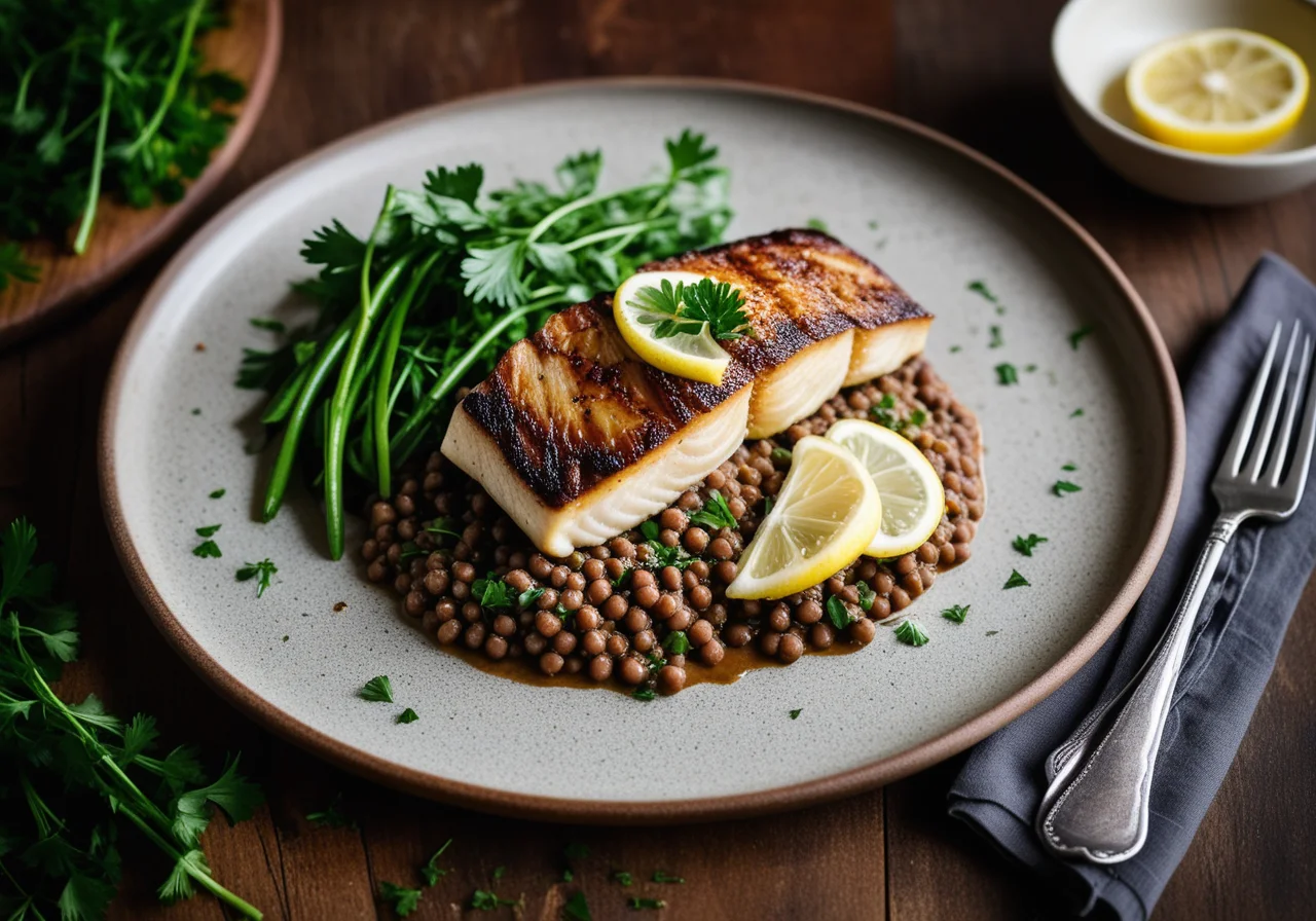 Pike Perch Fillet on Balsamic Lentils and Black Salsify