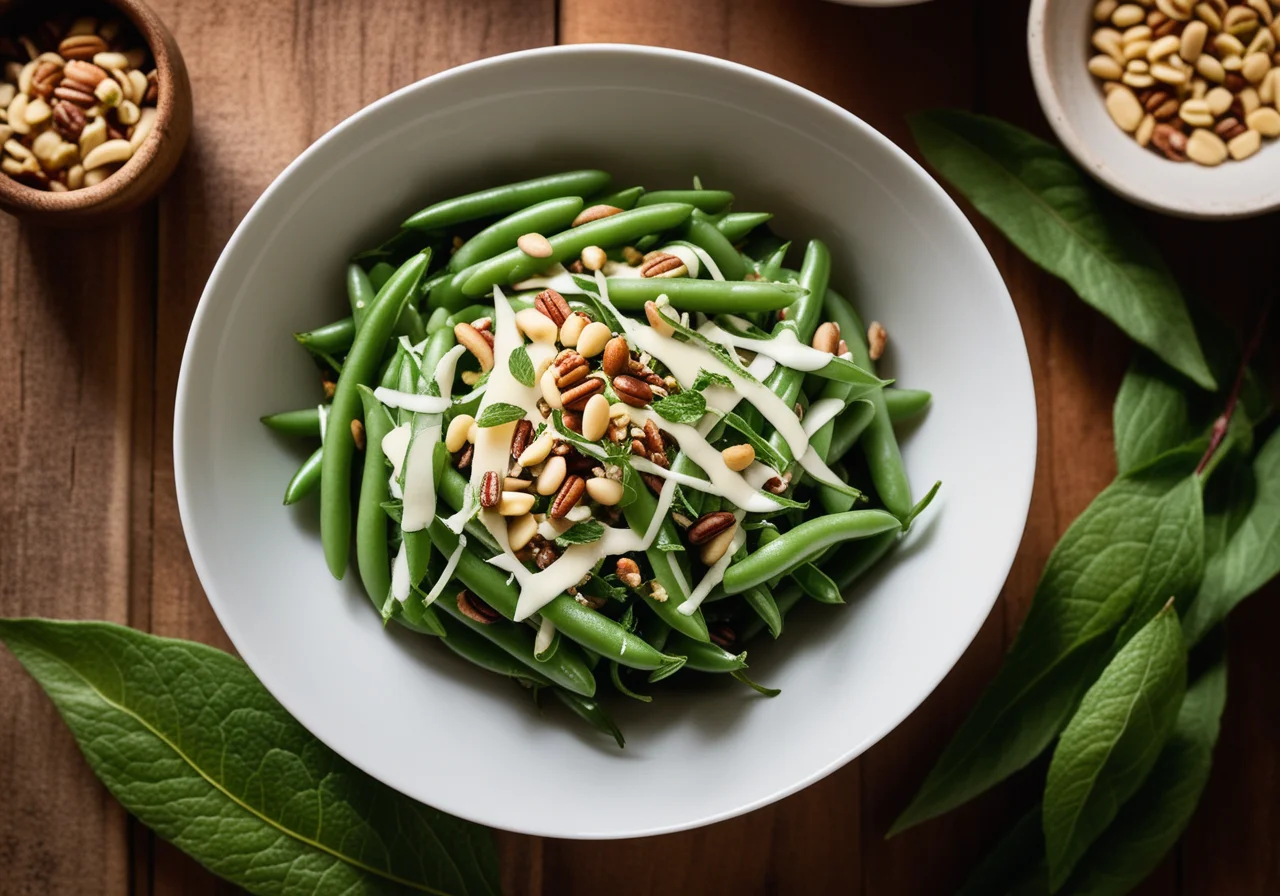 Salad from green beans, mint, pine nuts and parmesan
