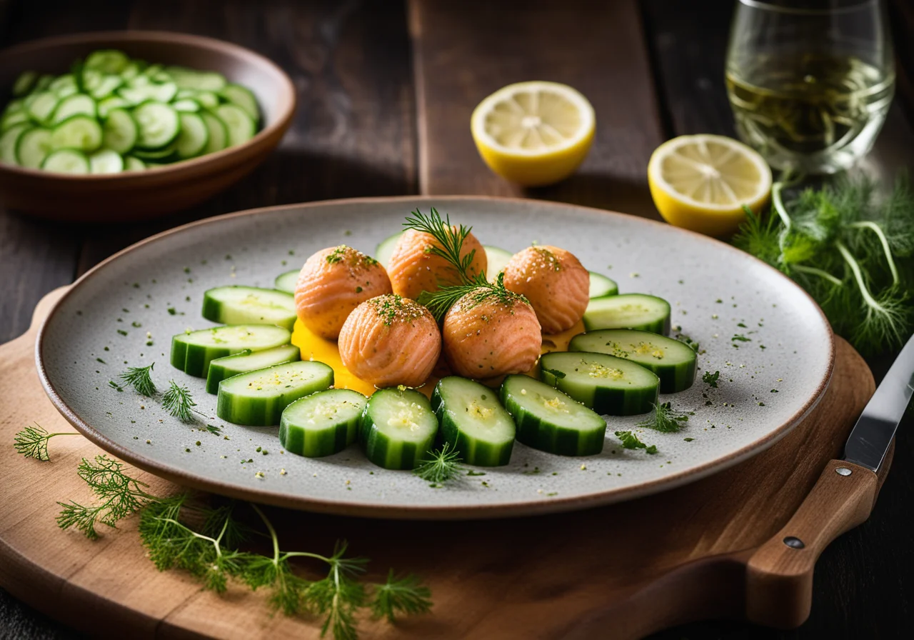 Salmon Balls with Cucumber Salad and Toast