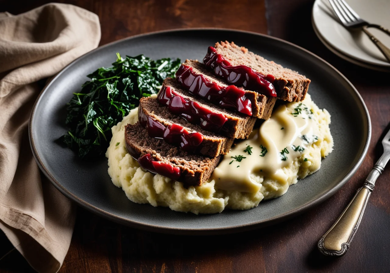 Meatloaf with Onion Sauce, Swiss Chard and Mashed Potatoes