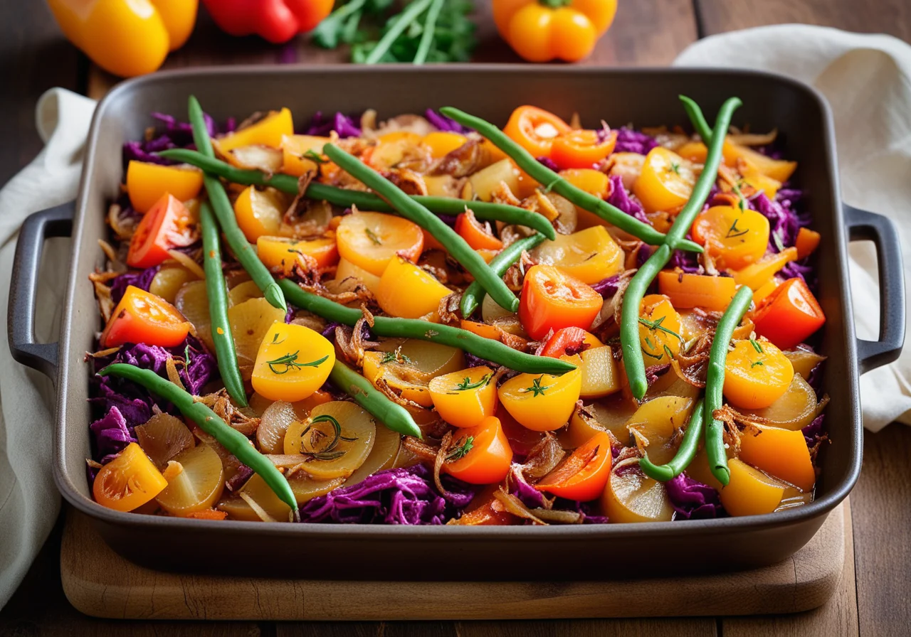 Baked Dish with Ground Meat, Green Beans and Red Cabbage