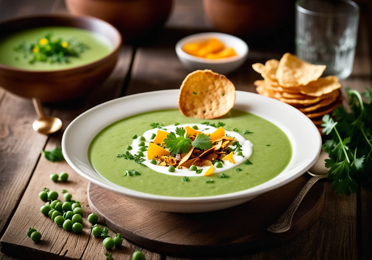 Pea Cream Soup with Crispy Vegetable Chips
