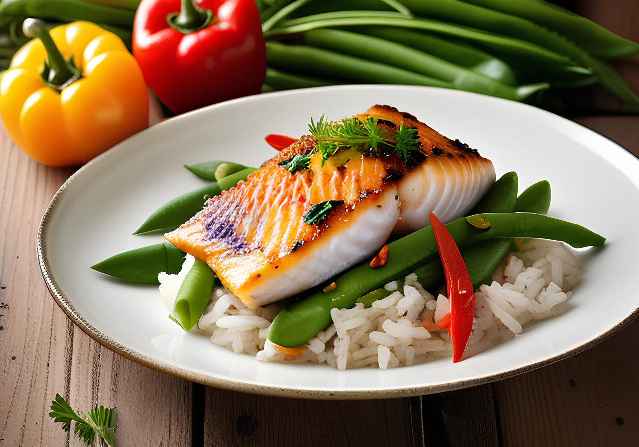 Fish Rice Skillet with Sugar Snap Peas and Bell Pepper