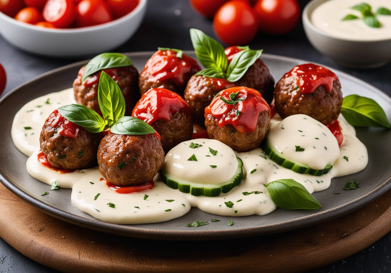 Variety of Skewers with Cheese, Vegetables and Meatballs